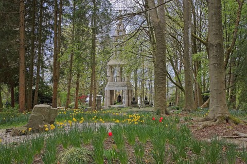 Stupa with garden art and flowers in spring, Buddhist Center, EIAB, Waldbröl, Bergisches Land,