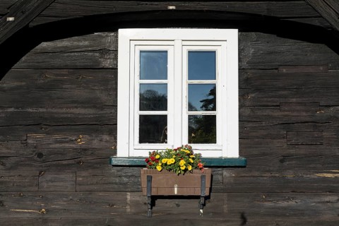 White window with planted flower box, wooden house in Erlichthof Rietschen, Saxony, Germany