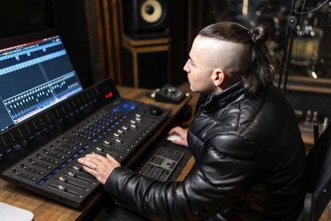 Young man mixing music on an audio mixing console in a contemporary recording studio, showcasing