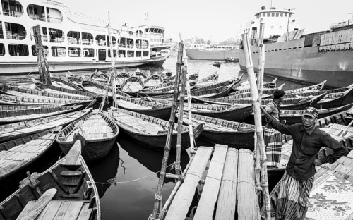 Boats on a jetty, Monochrom, Dhaka, Bangladesh