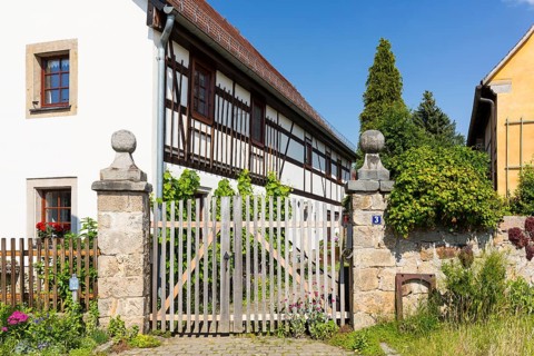 Old farmhouses in the centre of Bonnewitz, Pirna, Saxony, Germany