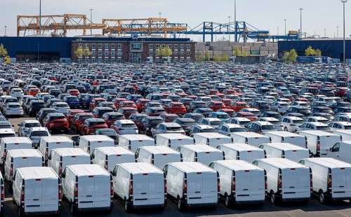 Duisburg, North Rhine-Westphalia, Germany - New cars and vans, car terminal in Duisburg harbour,