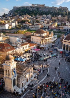 View over the old town of Athens, with Panagia Pantanassa Church, Tzisdarakis Mosque and Acropolis,