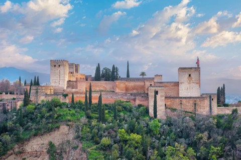Telephoto view of the Alcazaba fortifications at the Alhambra in Granada, Spain, with defensive