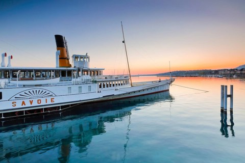 Anchored steamship Savoie at dawn in the mirror-smooth Geneva harbour basin, Canton Geneva,