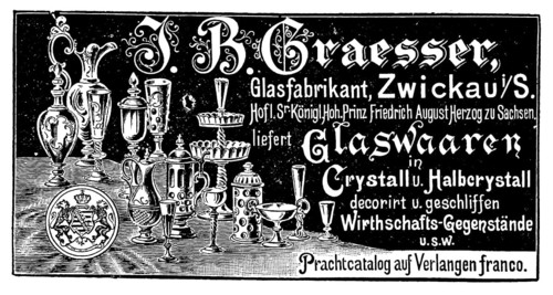 Advertisement of the company Graesser, glass manufacturer from Zwickau, 1890, Germany, Historic,