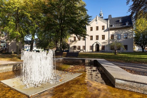 Castle, now a local history museum and savings bank, Falkenstein, Vogtland, Saxony, Germany