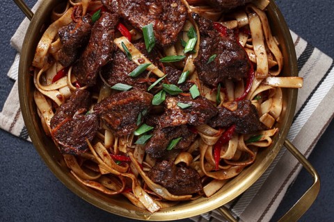 Udon noodles with Mongolian beef, green onions and vegetables, in a brass pan, on a gray