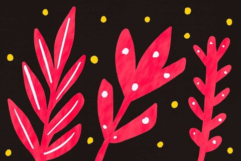 A bold, vibrant illustration of red botanical elements with white speckles, set against a dark