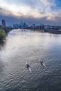 Skyline of Frankfurt am Main, skyscrapers, business and banking district in the city centre, rowing