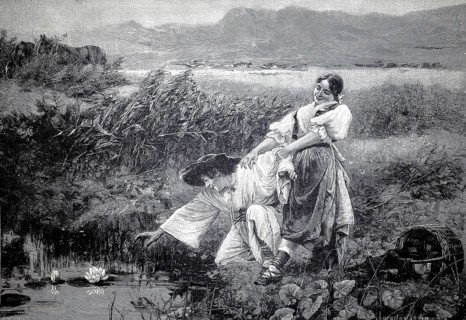 Young man wants to pick a water lily from his lover and she holds him so that he doesn't fall into