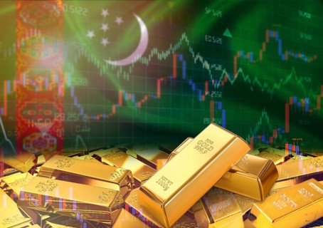 Gold bars on Turkmenistani flag in background. Gold bars stacked on Turkmenistani flag. Concept of