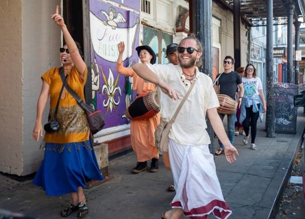New Orleans, Louisiana - Hare Krishna advocates parade on Frenchmen Street in the Marigny