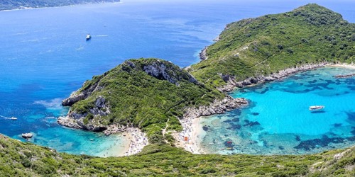 Porto Timoni Beach with turquoise blue sea panorama on the island of Corfu, Greece