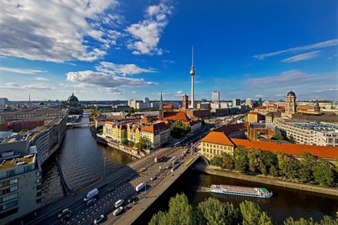 City panorama with Spree, Cathedral, Nikolai Quarter, Red Town Hall, TV Tower and Old Town House,