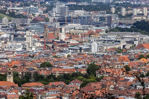 City view of Stuttgart. View of the city centre with the central sights such as the collegiate