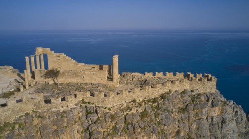 Drone shot, Acropolis of Lindos, Late afternoon light, Temple of Athena Lindia, Ruins of an ancient