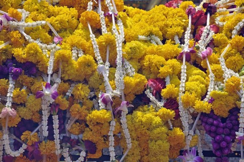 Flower garlands as offerings, Erawan Shrine, Bangkok, Thailand