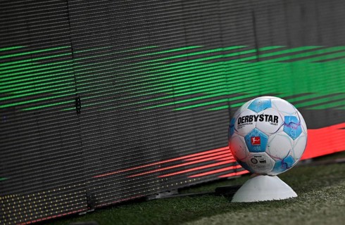 Adidas Derbystar match ball lies on cone, marking disc, for ball boys, WWK Arena, Augsburg,