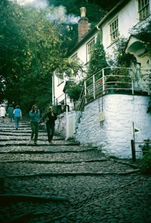 Steep road with steps, Clovelly, North Devon, England UK September 1968
