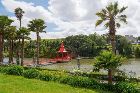 A red pavilion and palm trees by a pond, surrounded by lush, green nature under a cloudy sky,