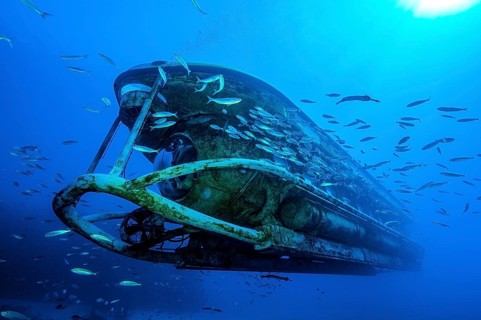 Underwater photo of tourist submarine floating over the seabed, Tenerife, Canary Islands, Spain