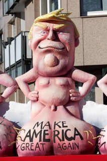 US President Donald Trump with large scrotum, Make America Great Again, papier-mâché figure, themed