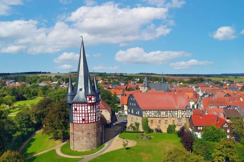 Aerial view, Junker Hansen Tower, fortified defence tower, residential tower, largest half-timbered