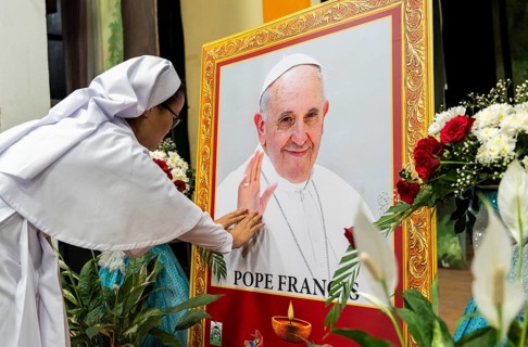 Nuns offer ceremonial tribute in honour of Pope Francis in Guwahati, Assam, India on April 26, 2025
