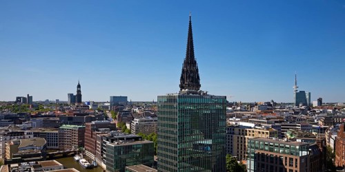 City view from above with the St Nikolai memorial, Hamburg, Germany