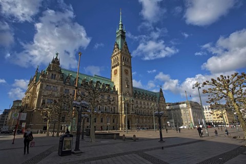 The magnificent Gothic-style Hamburg City Hall rises against a blue sky as numerous people liven up