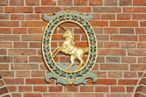 Golden unicorn as city coat of arms, Bürgerhaus Schranne, Giengen an der Brenz, Swabian Jura,