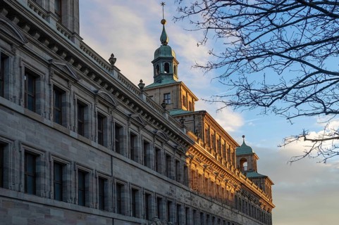 Detailed view of the facade of the historic Wolf Town Hall in the evening light, Nuremberg, Middle