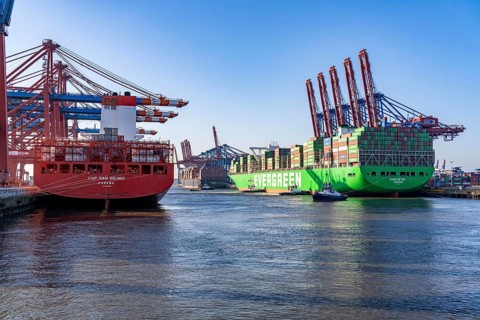 Container ship Ever Gifted, arriving at the port of Hamburg, Waltershofer Hafen, HHLA Container