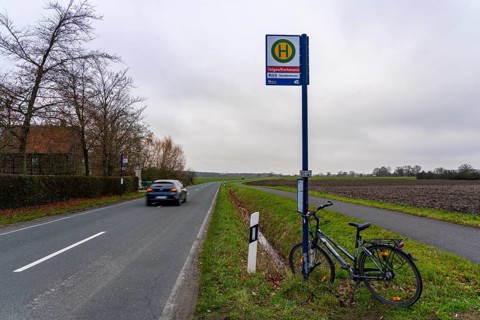 Bus stop Telges/Kerkmann, in the countryside, near Sendenhorst, line R55, RVM Regionalverkehr
