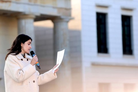 Marie Nasemann speaks at the demonstration Against Sexualized Digital Violence - Solidarity with