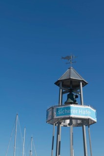 Bell tower safe harbor, masts, Möltenort, Baltic resort Heikendorf-Möltenort, Kiel Fjord, marina,
