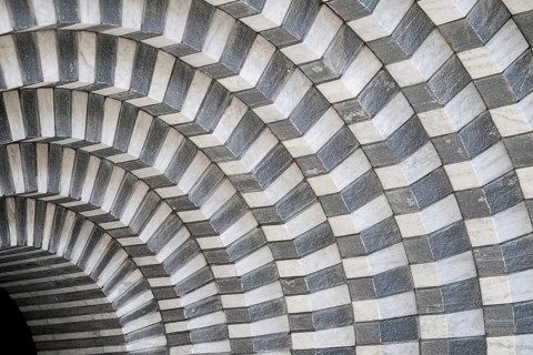 Marble and gneiss alternating in layers, round arch approach, interior, Roman Catholic church of