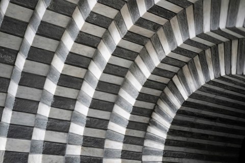 Marble and gneiss alternating in layers, round arch approach, interior, Roman Catholic church of