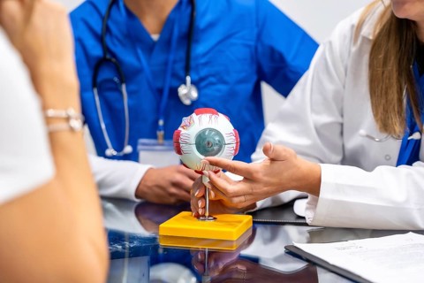 Medical professional in white coat pointing at an eye model, discussing vision health and