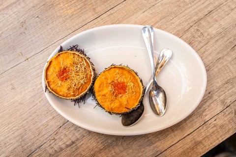 Fresh sea urchin uni appetizer with salmon roe and shredded garnish on a white oval plate, two