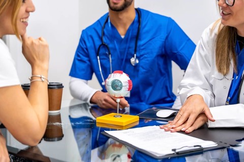 Healthcare providers discussing optical health with a patient during a consultation, utilizing an