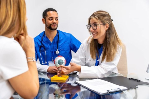 Medical team consisting of two clinicians educating a female patient about eye anatomy and