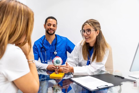 Medical professionals in a clinic using an anatomical eye model to explain ophthalmology concepts