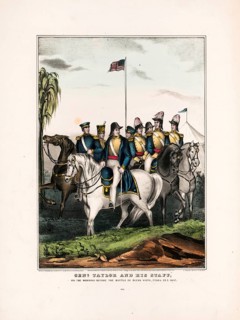 General Zachary Taylor in the foreground on the white horse and his officer staff on horseback. The