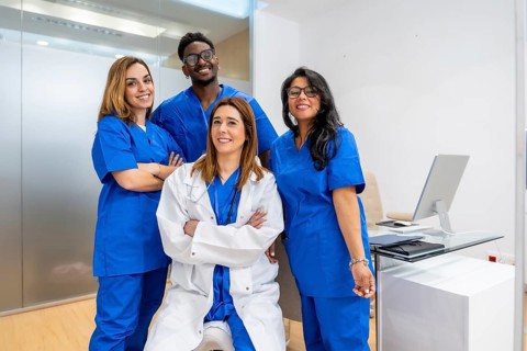 Diverse medical team of healthcare professionals smiling while standing and sitting with arms