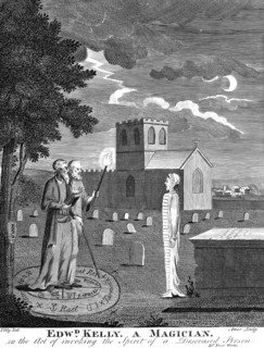 The Renaissance occultists John Dee and his scryer Edward Kelley performing necromancy in a