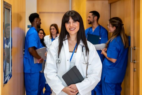 Female doctor in a lab coat and stethoscope smiling, holding a tablet while standing in a hospital