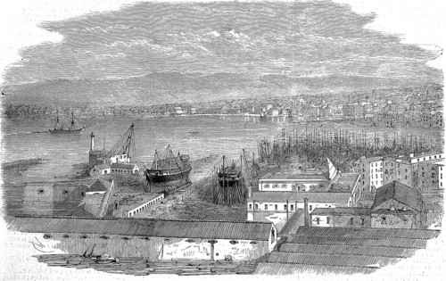 Port and town of Castellamare in the Gulf of Naples, in 1869, Italy, Historic, digitally restored