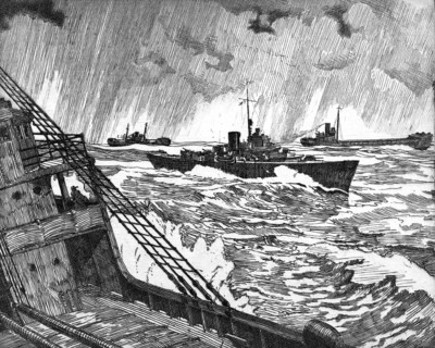 A US coast guard boat convoy on stormy, rainy seas, seen from the deck perspective of another ship,